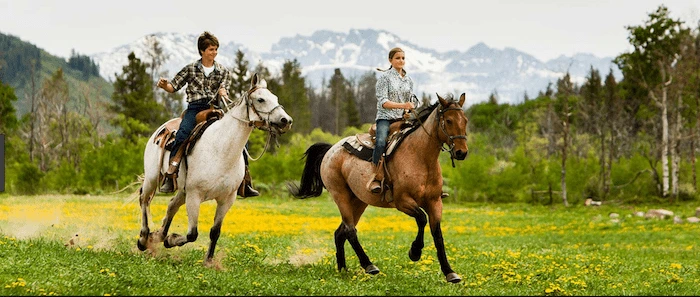 Confident plus-size woman riding Trowbridge a horse through a field with a smile on her face.